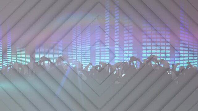 Animation of squares over pink and blue scenic lights over dancing peoples silhouettes