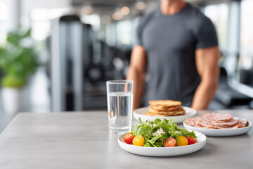Naklejka premium Healthy Meal Preparation: A focused individual in a gym setting prepares a nutritious meal, presenting a refreshing water glass, a vibrant salad, and a protein-rich meat plate.