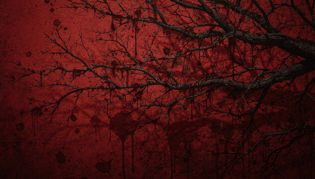 Dark Branches on Textured Red Background with Paint Splatters and Drips