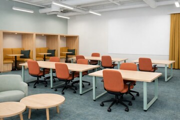 Modern classroom interior with desks, chairs, and cozy booth seating. Ai generative