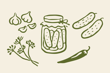 Fototapeta na wymiar Pickled cucumber set outline sketch vector illustration