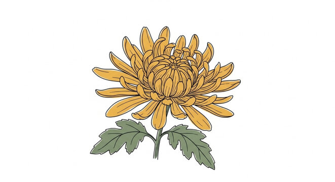 Detailed Yellow Chrysanthemum Illustration: Hand-Drawn Botanical Line Art with Green Leaves on White Background