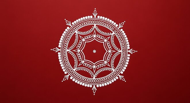 Traditional indian rangoli art pattern in white on a vibrant red background, perfect for festive celebrations and cultural events.
