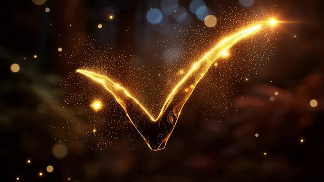 Golden check mark glows with energy. Particles swirl around its luminous shape. Soft bokeh lights frame the magical symbol. Warm glow suggests approval or success