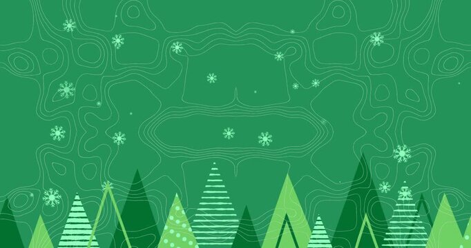 Animation of snowflakes falling over christmas trees icons and topography patterns with copy space