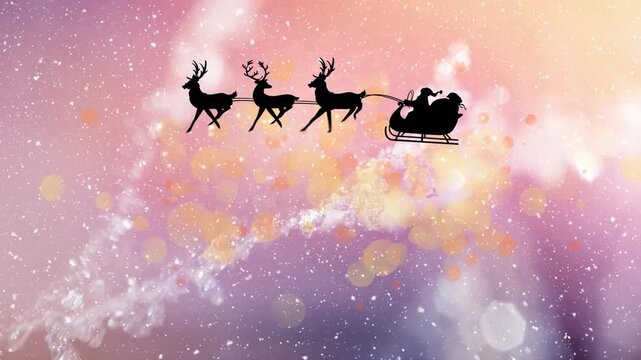 Animation of santa in sleigh over snow falling