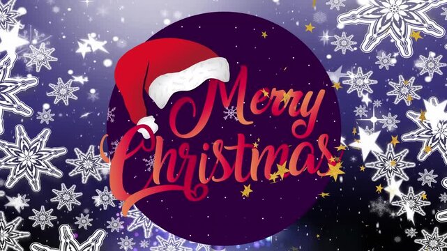 Animation of snowflakes and stars over merry christmas text banner against purple background