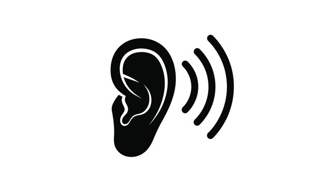 Black silhouette of a human ear with sound waves emanating outwards silhouette