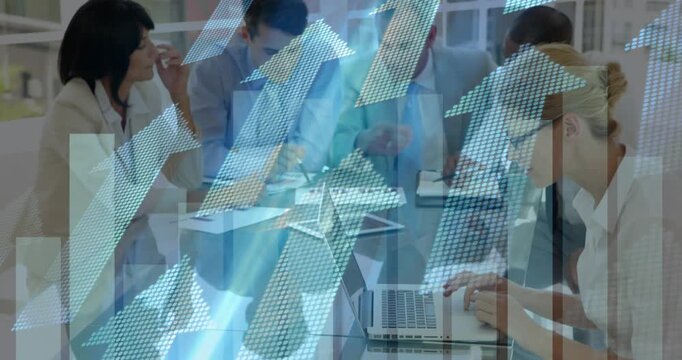 Animation of financial data processing and arrows over diverse business people in office