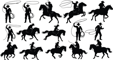 Naklejka premium Cowboy silhouette set featuring western riders on horses with lassos roping and riding in wild west ranch hand vector style.