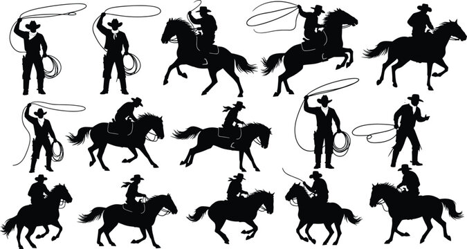 Cowboy silhouette set featuring western riders on horses with lassos roping and riding in wild west ranch hand vector style.