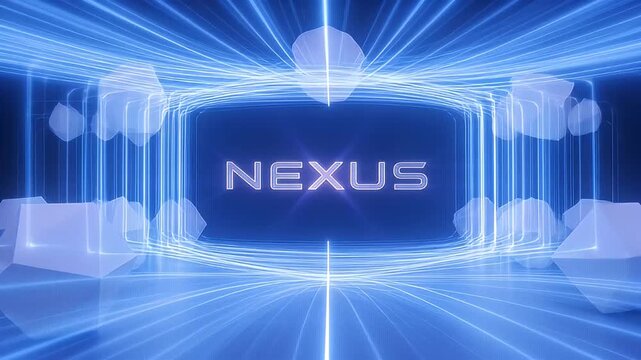 futuristic digital nexus with vibrant blue light beams and geometric shapes