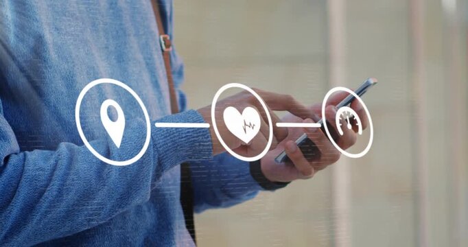 Animation of flowchart of icons over midsection caucasian of man scrolling on smartphone