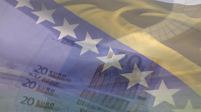 Animation of flag of bosna and hercegovina over euro currency bills