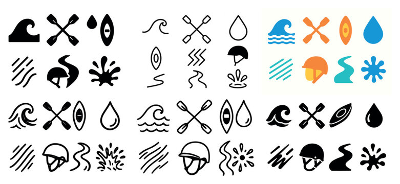 Water sports icons with paddle kayak wave flat