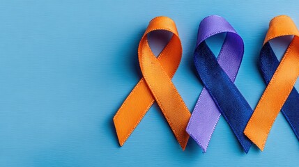 Colorful ribbons on blue background symbolizing awareness and support
