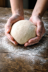 Hands holding a ball of raw dough on a wooden table