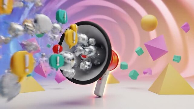 Megaphone broadcasting important messages and alerts with vibrant speech bubbles and exclamation marks in abstract digital space