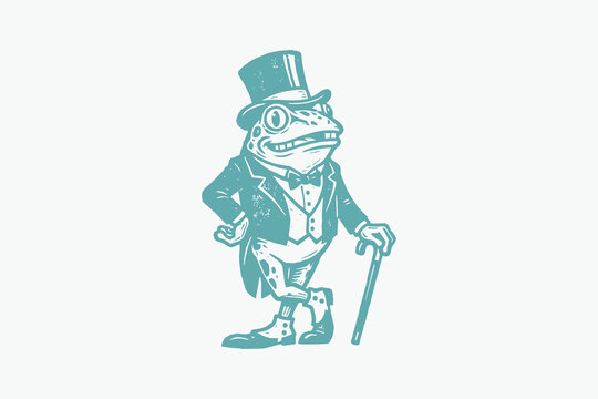 Vintage Illustration of a Dapper Gentleman Frog in Tuxedo and Top Hat