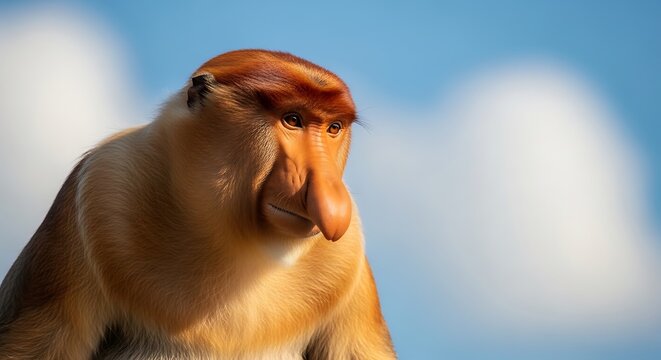 Close-up portrait of a proboscis monkey with its distinctive large nose, set against a blurred blue sky with white clouds