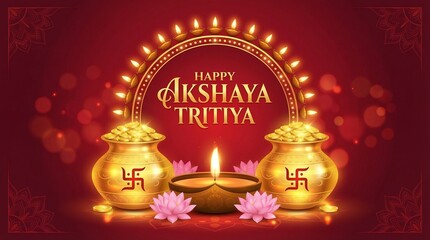 Naklejka premium Akshaya tritiya hindu festival celebration banner with golden kalash coins diya lotus flowers sacred swastik symbol and glowing lamps representing prosperity wealth and blessing