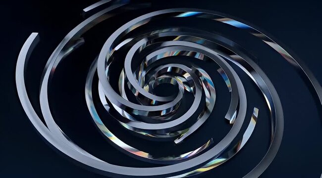 Abstract shiny metallic spiral rings on dark blue background creates a hypnotizing effect