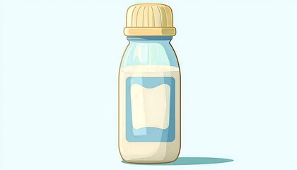 Fototapeta premium Close up illustration of bottle with white liquid and blank label on blue background