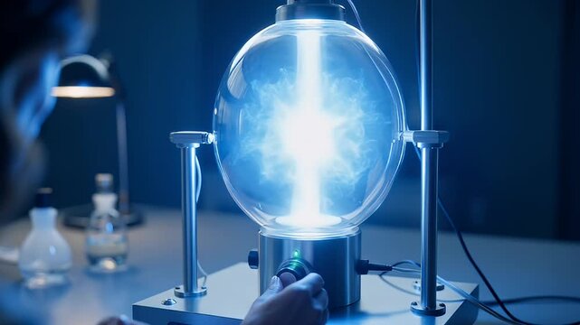 Captivating shot of Plasma ball with electricity, hand adjusting knob, scientific atmosphere