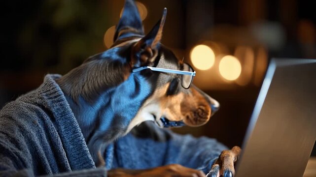 Dog in glasses types on a laptop. Warm lights glow softly behind. Cozy sweater adds charm. Focus shows deep concentration. Perfect for tech humor or office scenes. Dog species: Doberman Pinscher