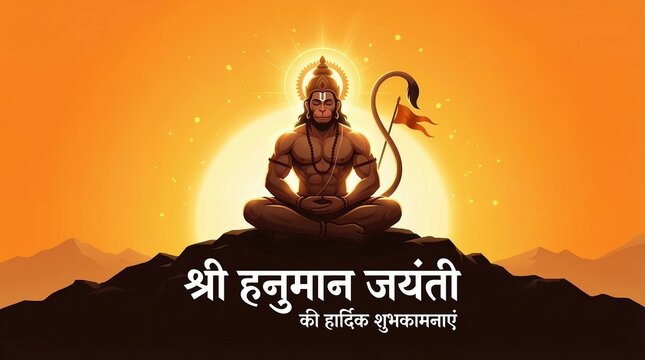 Hanuman Jayanti Hindu festival sacred Hanuman meditation devotion religion India spiritual celebration prayer faith culture mythology temple sunrise vector