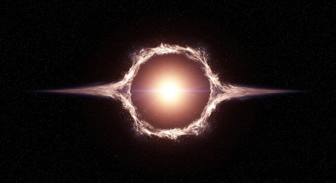 Abstract visualization of cosmic singularity, representing a point of infinite gravitational density and zero volume in the vast universe, astronomical, dark, deep