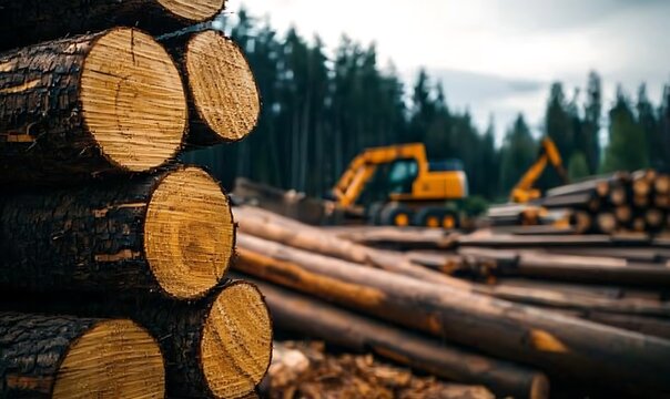 Industrial logging site featuring stacked timber logs and yellow forestry machines in woods