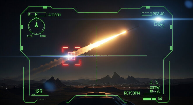 A futuristic video game screenshot of a missile launch at night with a green HUD