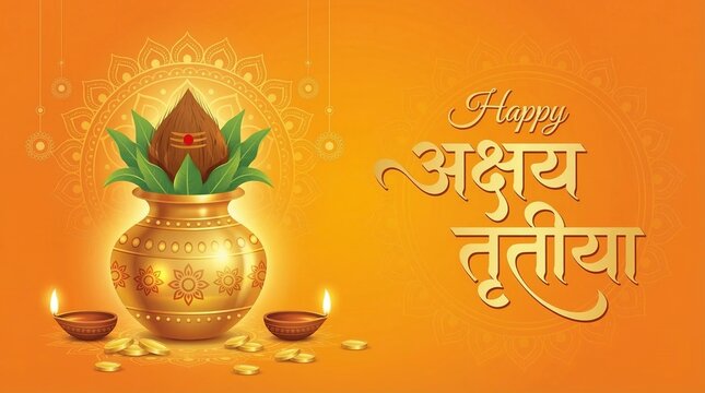 Akshaya tritiya hindu festival greeting background with sacred kalash coconut mango leaves diya lamp gold coins mandala decoration and hindi typography