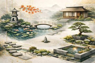Luxury Japanese Zen Garden Scene &ndash; Elegant Koi Pond, Tea Pavilion, Stone Lantern and Minimal Landscape Design