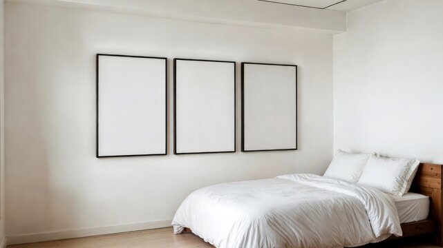 Minimal Modern Bedroom with Triptych Empty Frames Wall Mockup