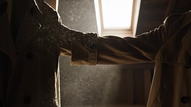 Dust motes in sunlight through attic skylight illuminating old trench coats and forgotten storage space