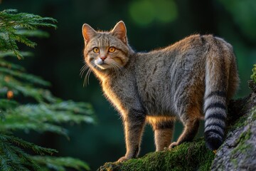 Obraz premium European wildcat in a Romanian national park, summer, three-quarter pose looking over the shoulder