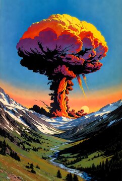 Massive mushroom cloud explosion, indicative of a powerful event, rises dramatically over a serene mountain valley with snow-capped peaks and a winding river under a vibrant, fiery sunset sky.