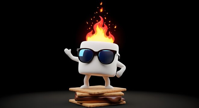 Marshmallow character wearing cool sunglasses and standing atop a delicious s'more, with a playful flame burning brightly on its head against a dark background.