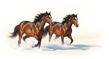 Fototapeta premium Two brown horses gallop through snow with manes flying in the wind against a white background.