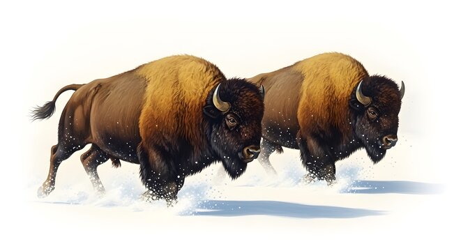 Two American bison charge forward through deep snow with their thick winter coats visible against a white background.