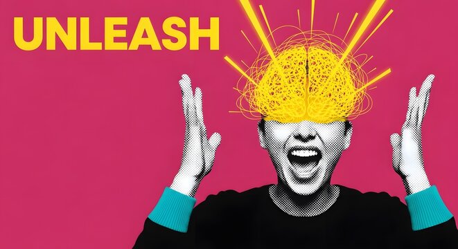 A person screams with bright yellow energy bursting from their head above the word UNLEASH against a vibrant pink background.