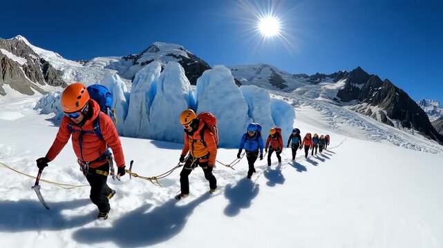 Roped Mountaineers Ascending Glacier in Sunny Mountains