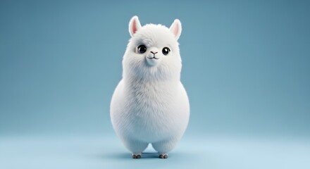 Fototapeta premium A cute, fluffy white baby alpaca stands centered against a soft blue background with gentle lighting.