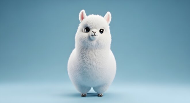 A cute, fluffy white baby alpaca stands centered against a soft blue background with gentle lighting.