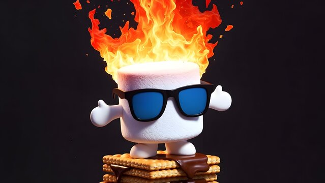 Cute marshmallow character wearing reflective sunglasses stands triumphantly on a chocolate and graham cracker s'more with vibrant fire crowning its top.