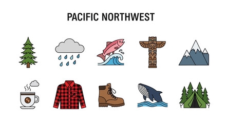 Icons representing the Pacific Northwest including nature culture and outdoor activities © zyaa