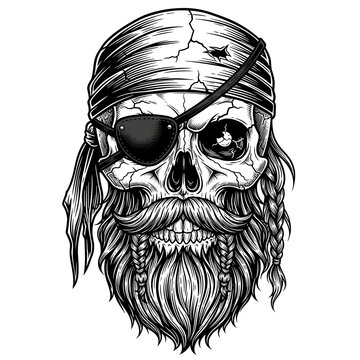 Detailed black and white illustration depicts a bearded skull wearing a bandanna and an eye patch