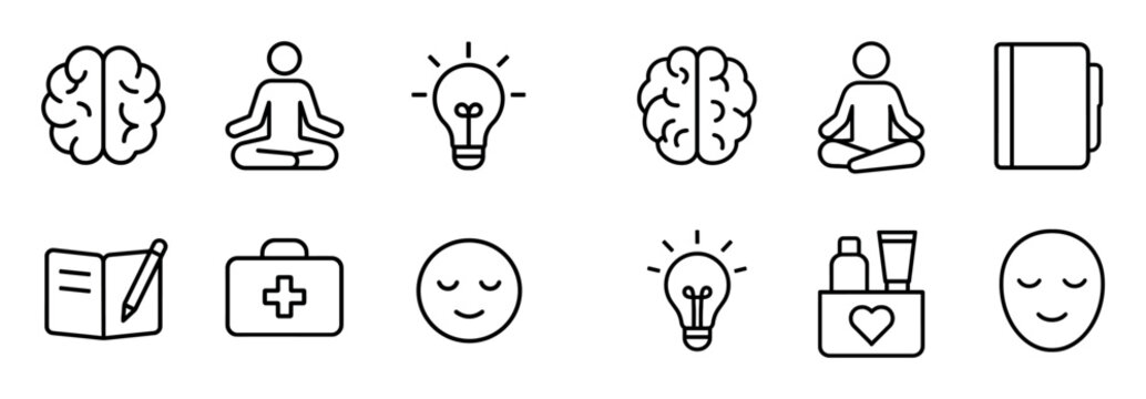 Wellness icons with brain yoga lightbulb minimal